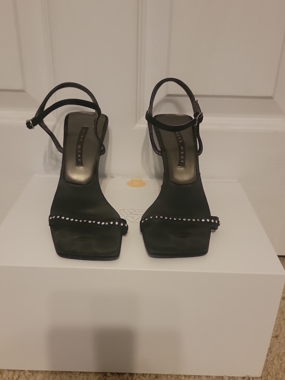 Nine West Black Rhinestone-Trim Ankle-Strap Heels